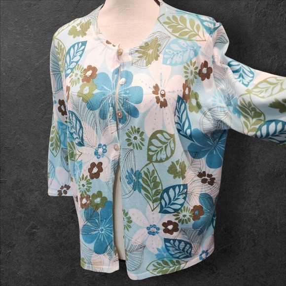 Alfred Dunner Floral Cardigan Button Front 3/4 Sleeve Top Blue‎ L - Picture 5 of 7